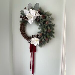 Wreath Flippers Handcrafted 14" Sophisticated Magnolia and Velvet Ribbon Wreath